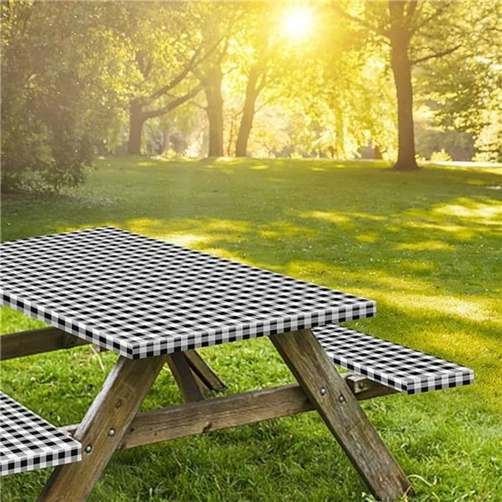 Picnic Table and Bench Fitted Tablecloth Cover, 3-Piece Set, Flannel Backing